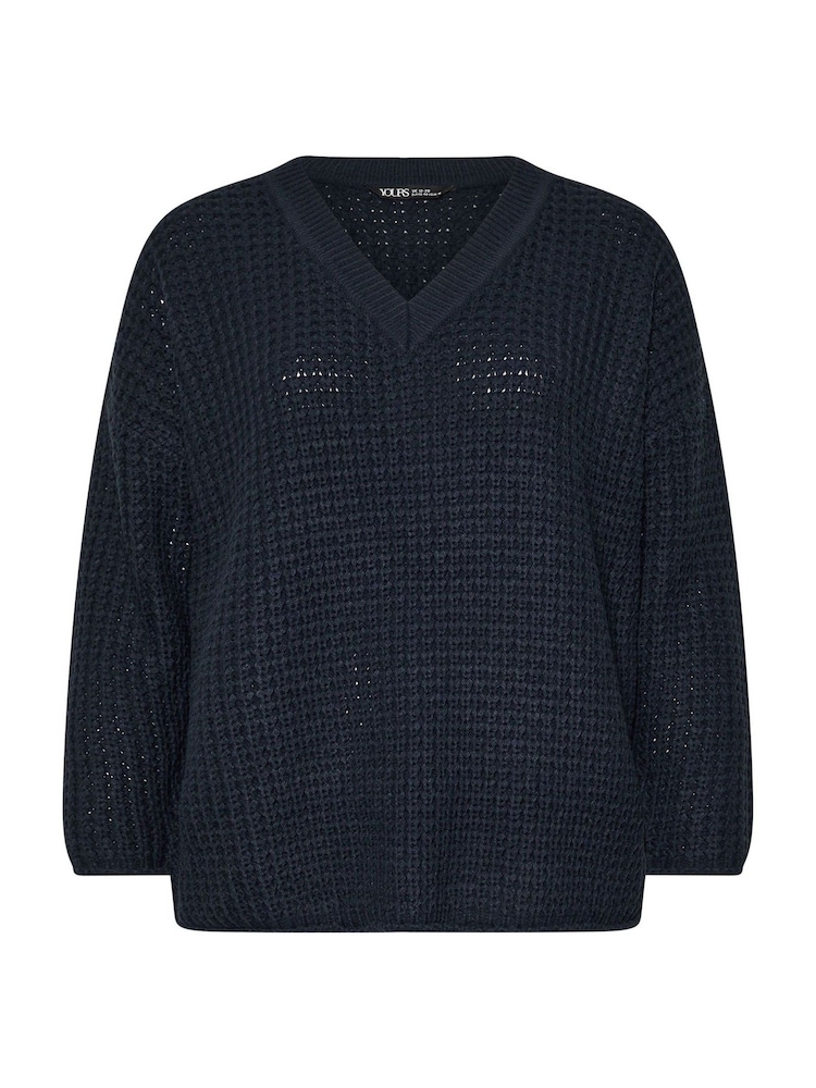 Yours Curve Blue V-Neck Waffle Jumper - Image 5 of 5