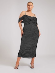 Yours Curve Black London Cold Shoulder Glitter Mesh Dress - Image 2 of 5