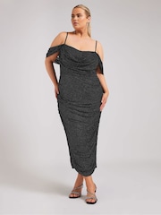 Yours Curve Black London Cold Shoulder Glitter Mesh Dress - Image 3 of 5