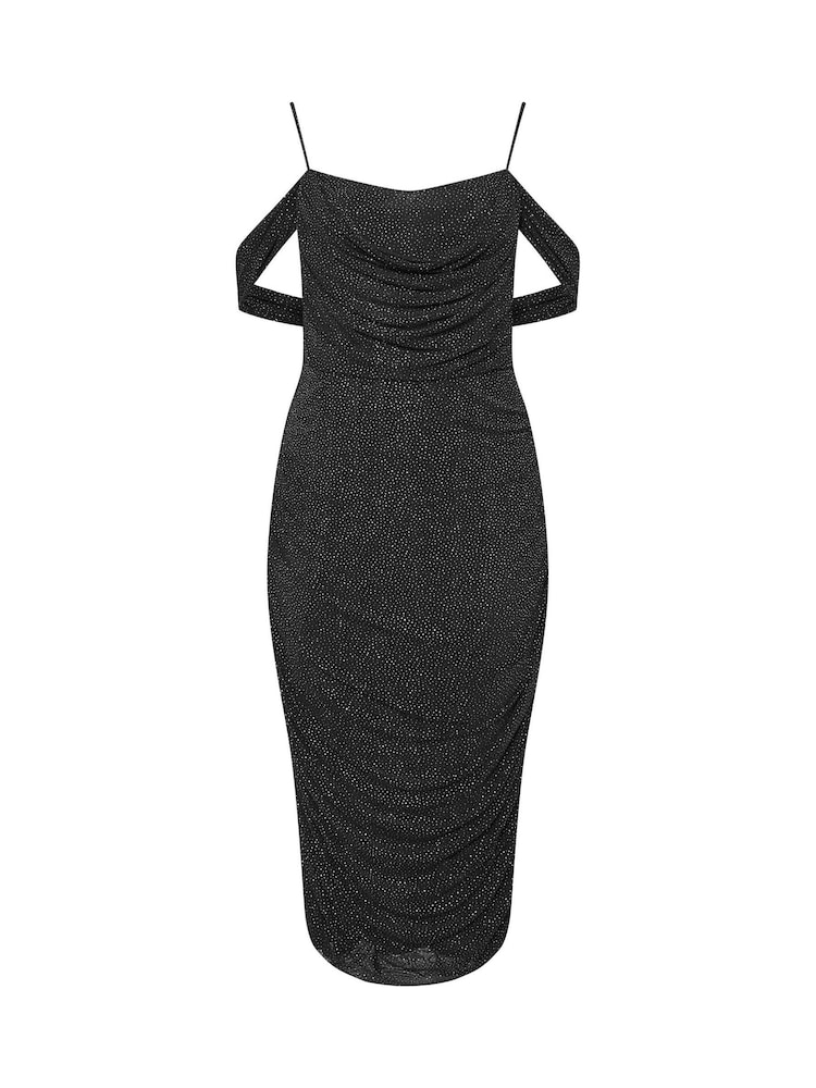 Yours Curve Black London Cold Shoulder Glitter Mesh Dress - Image 5 of 5