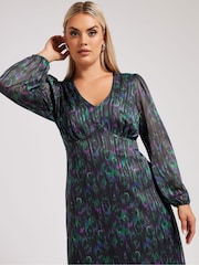 Yours Curve Black London Blur Animal Satin Metallic Dress - Image 2 of 5