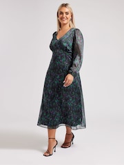 Yours Curve Black London Blur Animal Satin Metallic Dress - Image 4 of 5