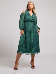 Yours Curve Green London Animal Print Cold Shoulder Dress - Image 1 of 5