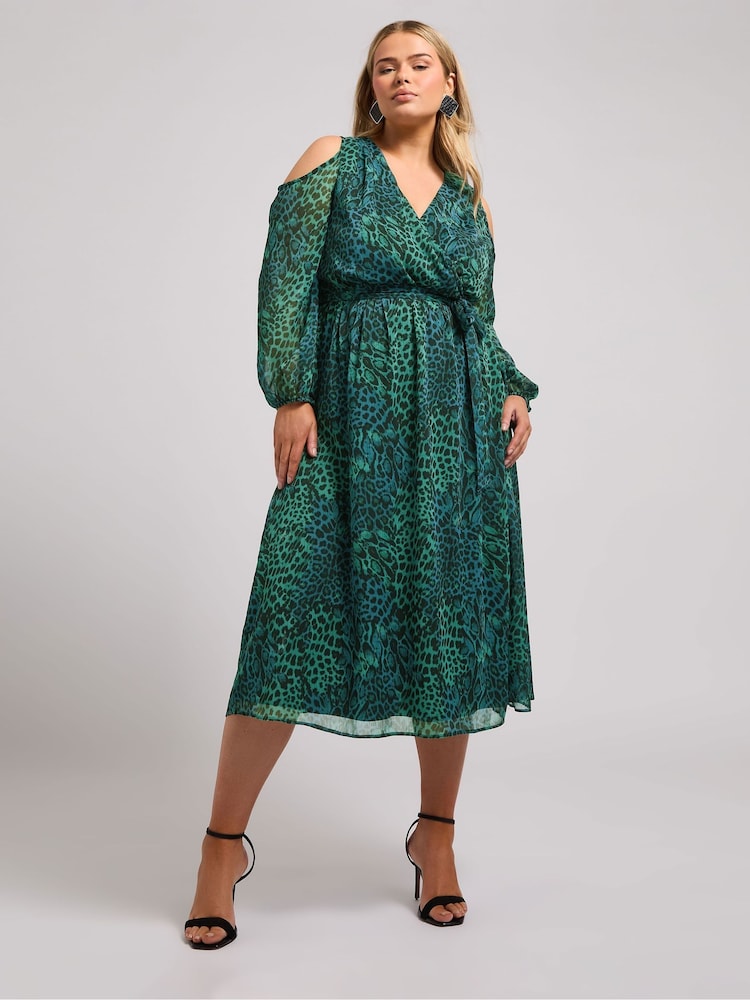 Yours Curve Green London Animal Print Cold Shoulder Dress - Image 1 of 5 Yours Curve Green London Animal Print Cold Shoulder Dress - Image 1 of 5