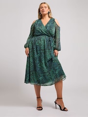 Yours Curve Green London Animal Print Cold Shoulder Dress - Image 2 of 5