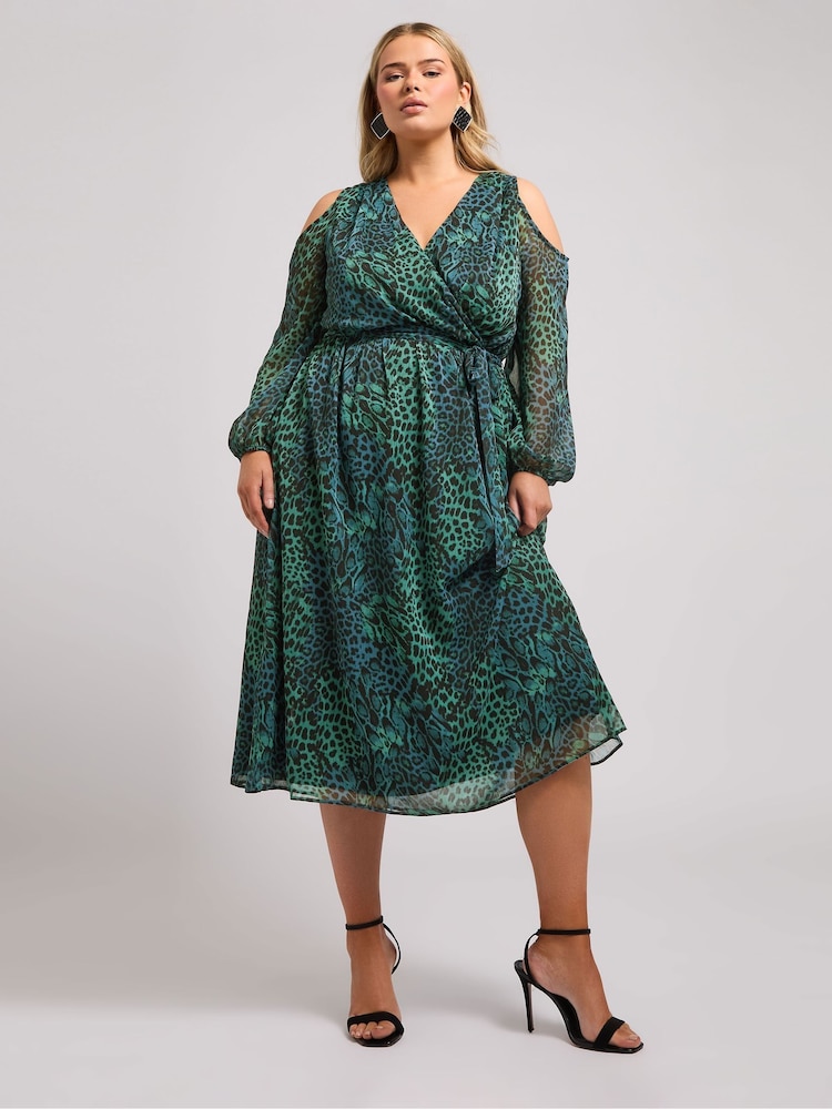 Yours Curve Green London Animal Print Cold Shoulder Dress - Image 2 of 5 Yours Curve Green London Animal Print Cold Shoulder Dress - Image 2 of 5