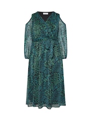 Yours Curve Green London Animal Print Cold Shoulder Dress - Image 5 of 5
