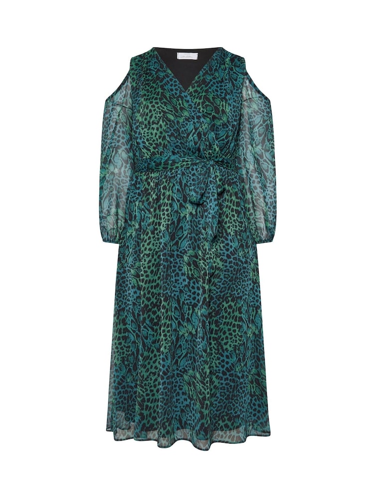 Yours Curve Green London Animal Print Cold Shoulder Dress - Image 5 of 5