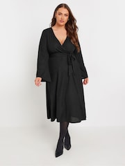 Yours Curve Black Wrap Flare Sleeve Textured Dress - Image 1 of 5