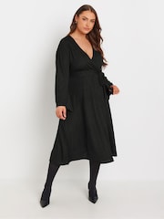 Yours Curve Black Wrap Flare Sleeve Textured Dress - Image 2 of 5