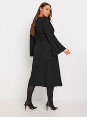 Yours Curve Black Wrap Flare Sleeve Textured Dress - Image 3 of 5