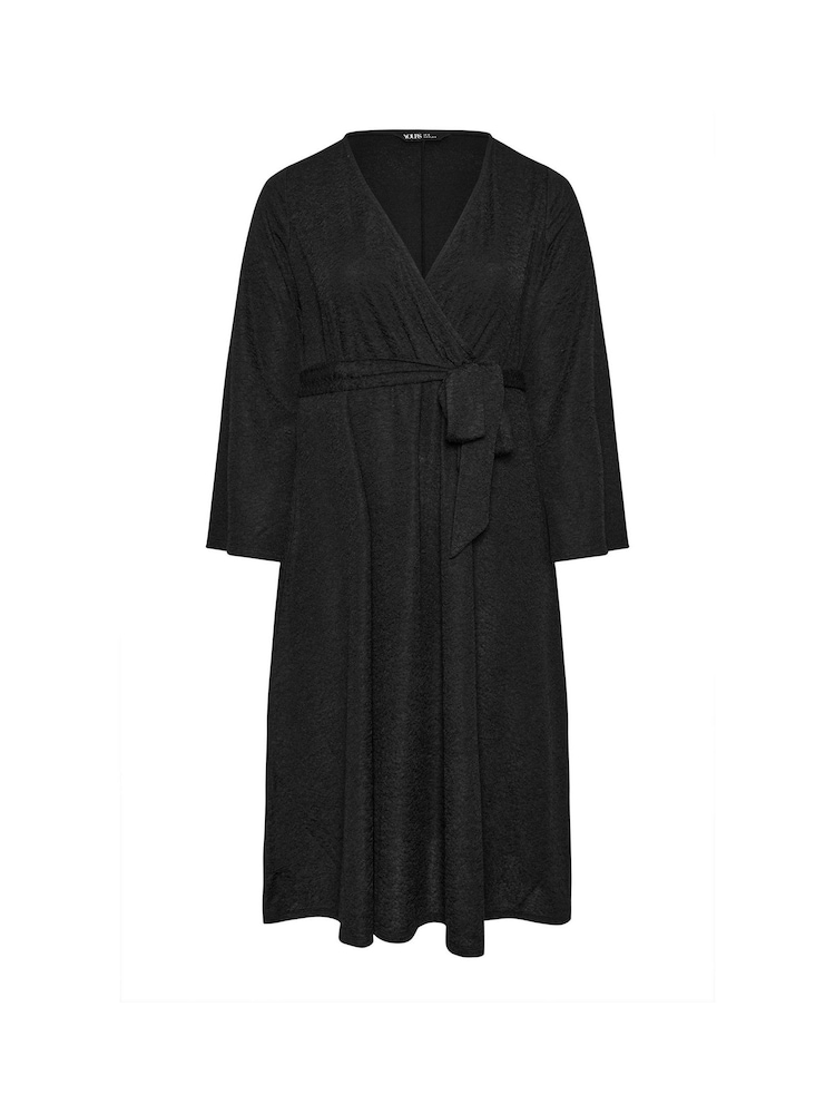 Yours Curve Black Wrap Flare Sleeve Textured Dress - Image 5 of 5