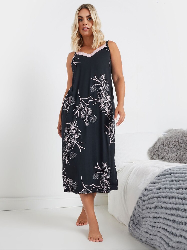 Yours Curve Black Floral Print Soft Touch Midaxi Chemise - Image 2 of 5