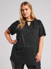 Yours Curve Black London Glitter Twist Neck Top - Image 1 of 5