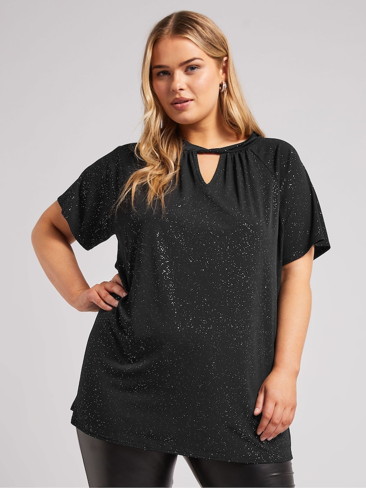 Yours Curve Black London Glitter Twist Neck Top - Image 1 of 5