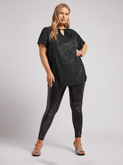 Yours Curve Black London Glitter Twist Neck Top - Image 2 of 5
