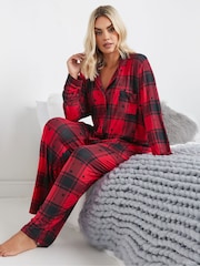 Yours Curve Red Soft Touch Star Check Pyjamas Set - Image 1 of 5