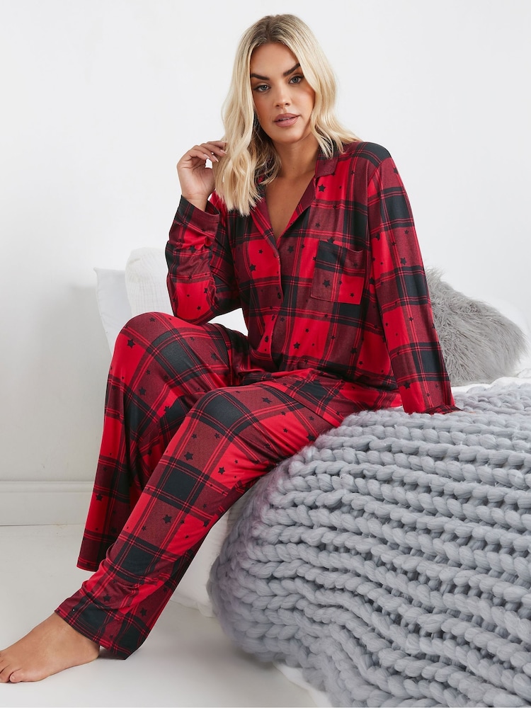 Yours Curve Red Soft Touch Star Check Pyjamas Set - Image 1 of 5