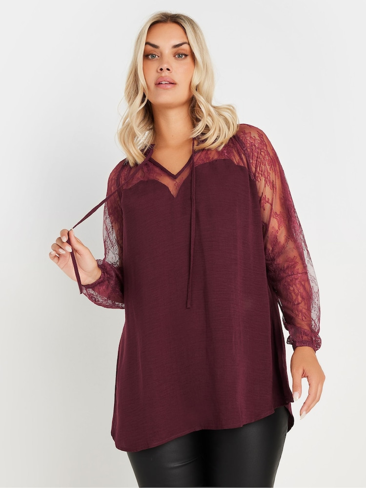 Yours Curve Red Sweetheart Lace Tie Blouse - Image 1 of 5