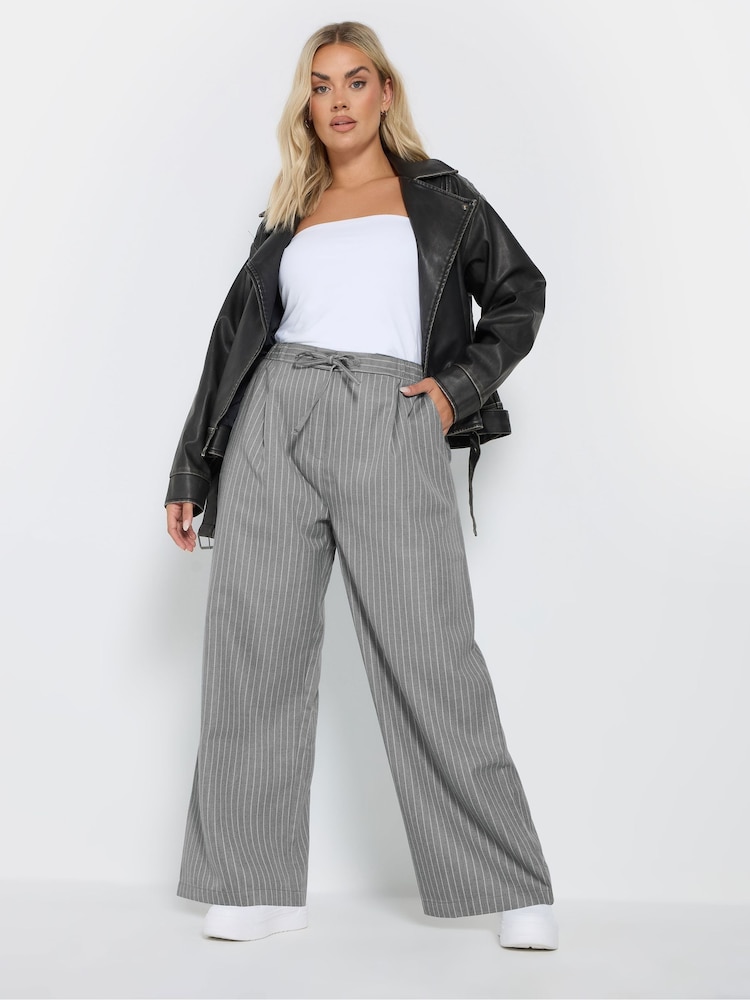 Yours Curve Grey Woven Pinstripe Wide Leg Trousers - Image 2 of 5