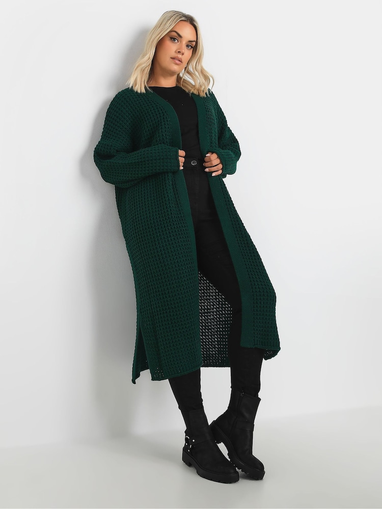 Yours Curve Green Waffle Knit Maxi Cardigan - Image 1 of 5 Yours Curve Green Waffle Knit Maxi Cardigan - Image 1 of 5