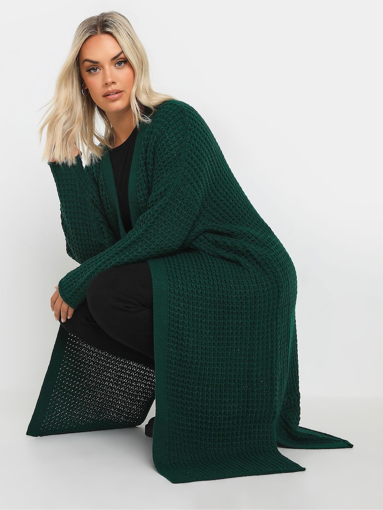 Yours Curve Green Waffle Knit Maxi Cardigan - Image 2 of 5 Yours Curve Green Waffle Knit Maxi Cardigan - Image 2 of 5