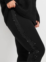 Yours Curve Black Ponte Sequin Stripe Leggings - Image 4 of 5