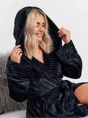 Yours Curve Blue Ribbed Trim Hooded Robe - Image 1 of 5
