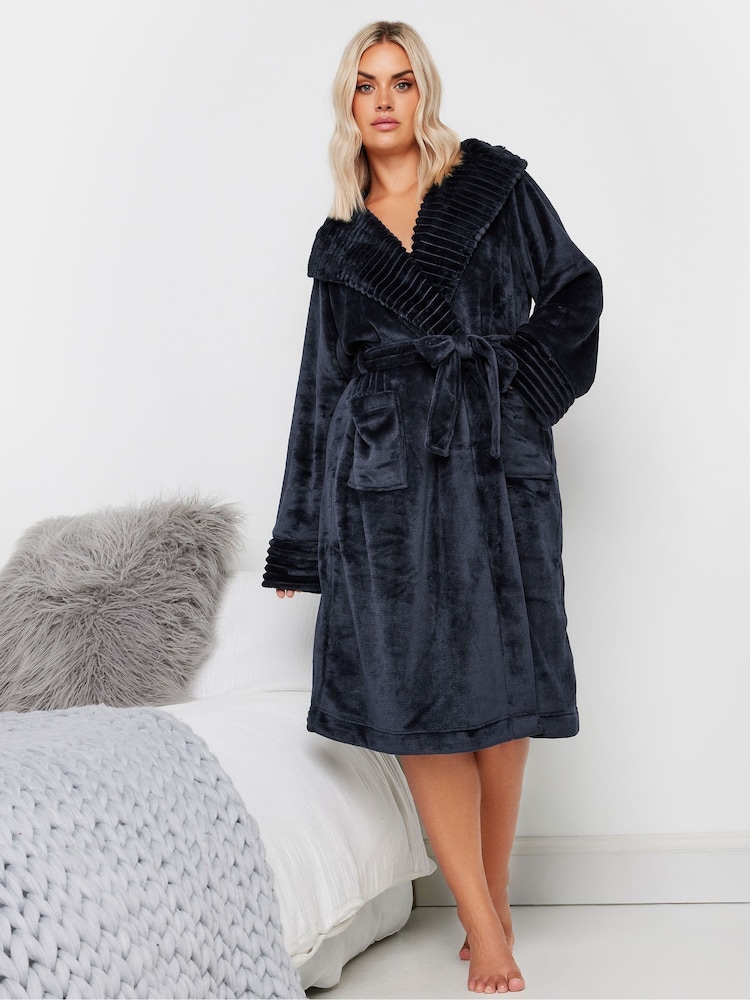 Yours Curve Blue Ribbed Trim Hooded Robe - Image 2 of 5
