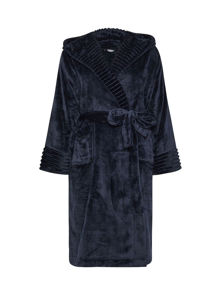 Yours Curve Blue Ribbed Trim Hooded Robe - Image 5 of 5 Yours Curve Blue Ribbed Trim Hooded Robe - Image 5 of 5