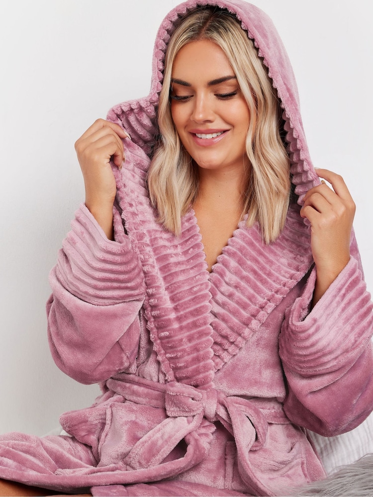 Yours Curve Pink Ribbed Trim Hooded Robe - Image 4 of 5