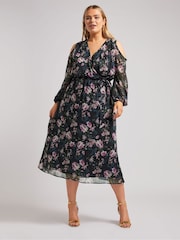 Yours Curve Black London Floral Print Cold Shoulder Dress - Image 1 of 5