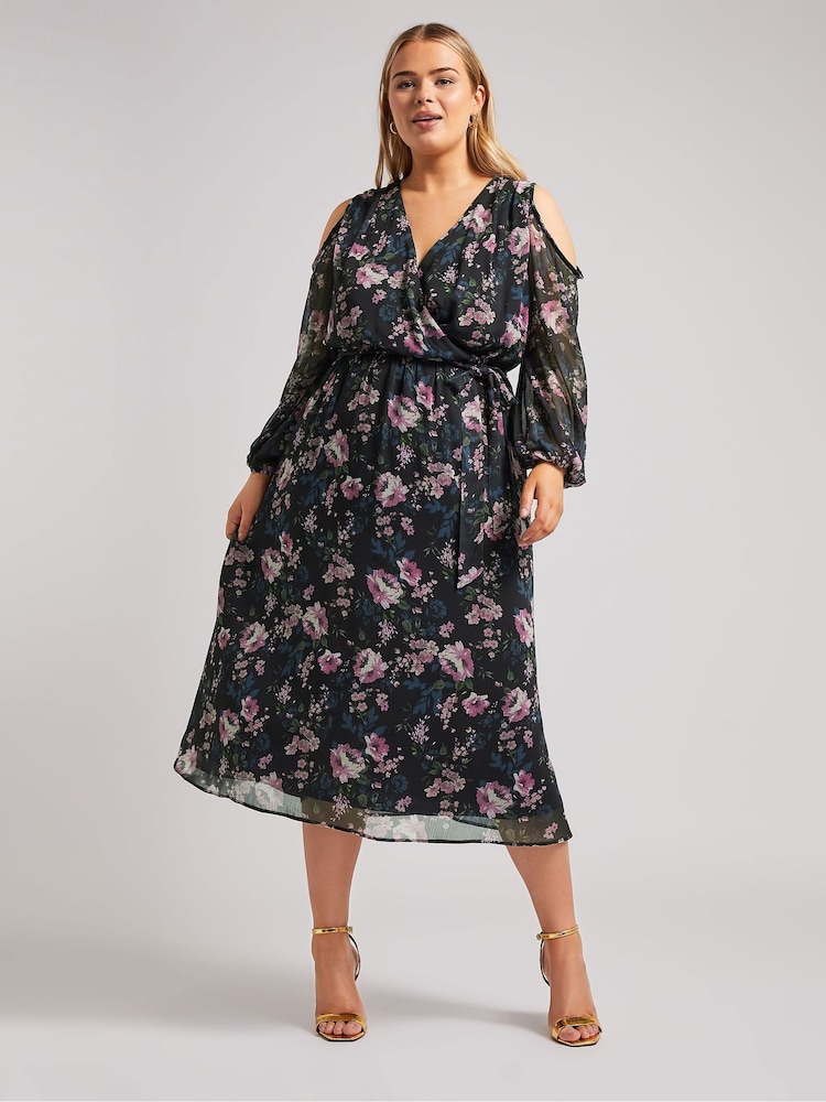 Yours Curve Black London Floral Print Cold Shoulder Dress - Image 1 of 5
