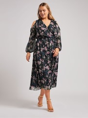 Yours Curve Black London Floral Print Cold Shoulder Dress - Image 2 of 5