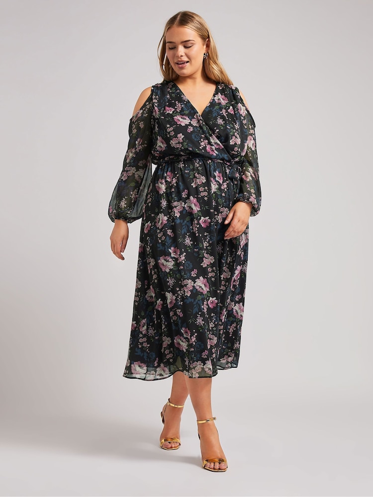 Yours Curve Black London Floral Print Cold Shoulder Dress - Image 2 of 5
