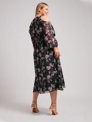 Yours Curve Black London Floral Print Cold Shoulder Dress - Image 3 of 5