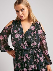 Yours Curve Black London Floral Print Cold Shoulder Dress - Image 4 of 5