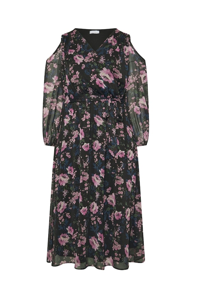 Yours Curve Black London Floral Print Cold Shoulder Dress - Image 5 of 5