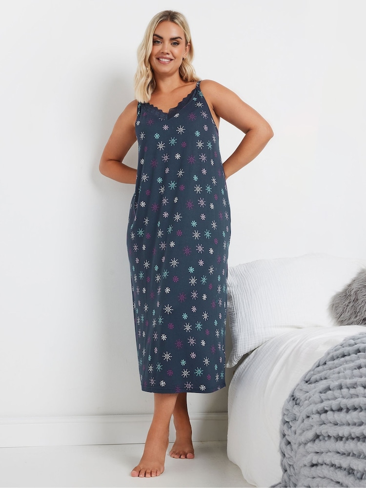 Yours Curve Blue Snowflake Print Soft Touch Midaxi Chemise - Image 2 of 5