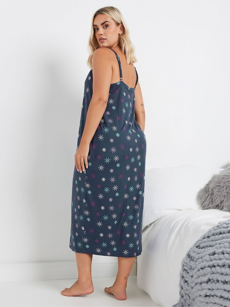 Yours Curve Blue Snowflake Print Soft Touch Midaxi Chemise - Image 3 of 5