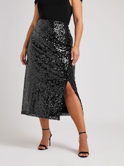 Yours Curve Black London Sequin Maxi Skirt - Image 1 of 5