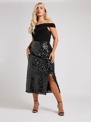 Yours Curve Black London Sequin Maxi Skirt - Image 2 of 5