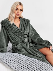 Yours Curve Grey Ribbed Trim Hooded Robe - Image 1 of 5