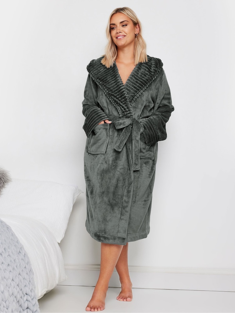 Yours Curve Grey Ribbed Trim Hooded Robe - Image 2 of 5