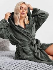 Yours Curve Grey Ribbed Trim Hooded Robe - Image 4 of 5