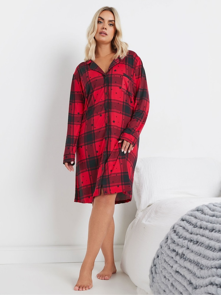 Yours Curve Red Soft Touch Star Check Nightshirt - Image 2 of 5 Yours Curve Red Soft Touch Star Check Nightshirt - Image 2 of 5