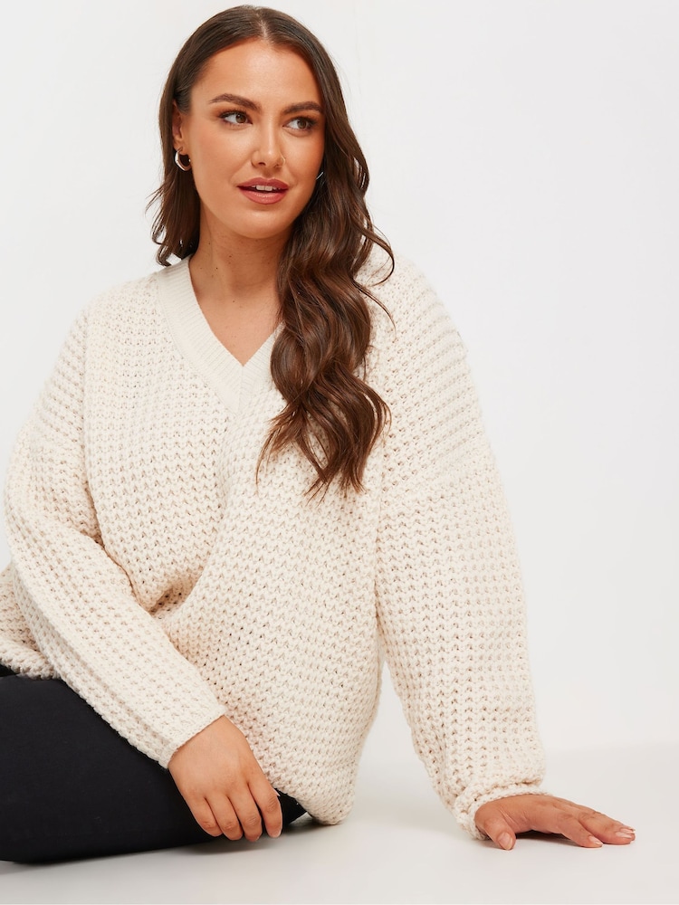 Yours Curve Cream Waffle V-Neck Jumper - Image 2 of 5