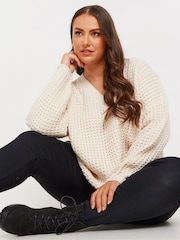 Yours Curve Cream Waffle V-Neck Jumper - Image 3 of 5