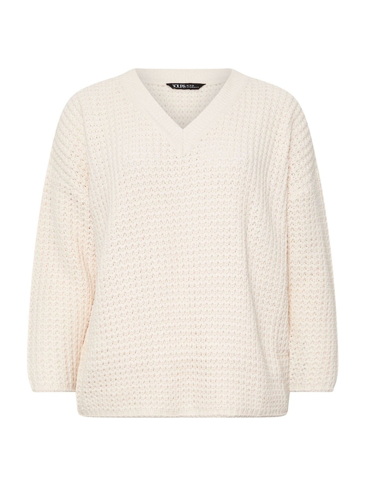Yours Curve Cream Waffle V-Neck Jumper - Image 5 of 5