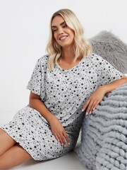 Yours Curve Grey Star Print Soft Touch Nightdress - Image 1 of 5